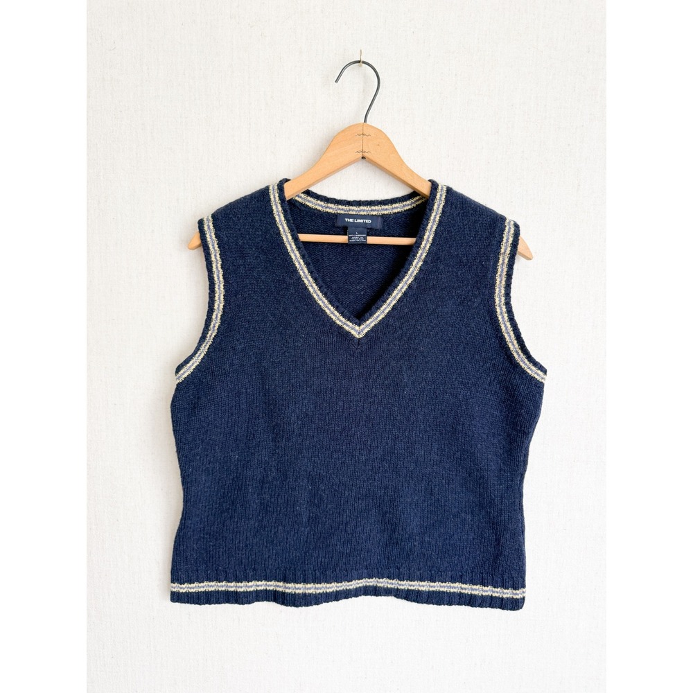 The Limited Sweater Vest Lambswool Preppy V-Neck L Navy Blue Tipped Trim Vintage